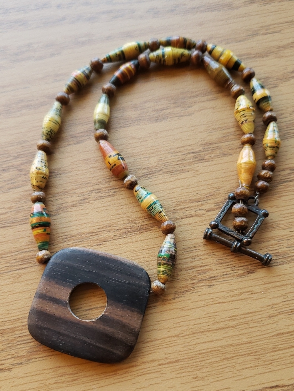 Rolled Paper Bead Wood Square Pendant Necklace Boho Earth Tone​